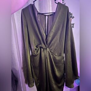 Olive Satin Twist-Front Long Sleeve Dress